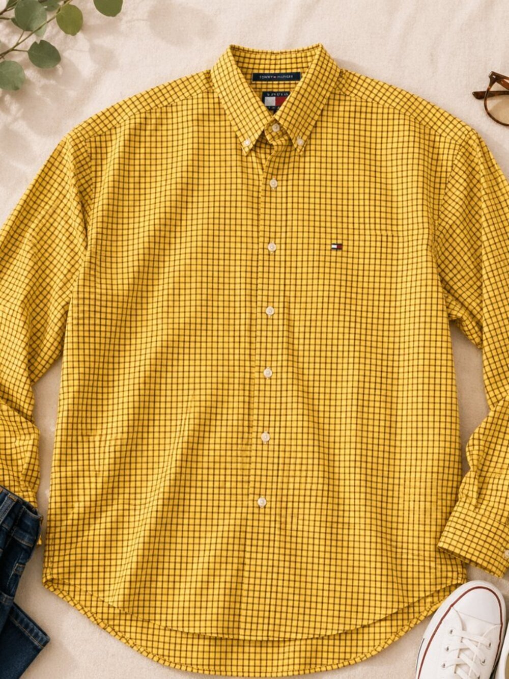 Tommy Hilfiger Yellow Check Button Down Shirt XL Cotton Classic Fit